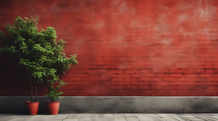 a plant in a pot on red wall background