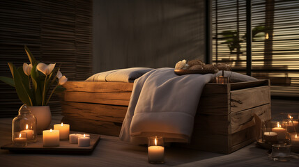 a wooden table with candles and towels in spa