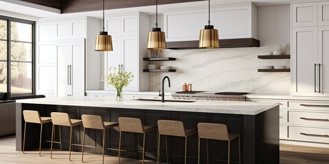 A modern kitchen with white cabinets, hanging light fixtures over a black island, and a marble countertop and backsplash. - obrazy, fototapety, plakaty