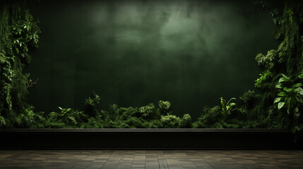 a green wall with a plants and a wooden floor