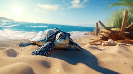 Fototapeta na wymiar A turtle on the beach is crawling towards the sea, High and short depth of field, Comicbook,