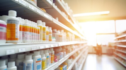 A vitamin aisle in a pharmacy full of bottles. Cinematic photography, very bright,