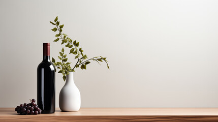 a bottle of wine and a vase with a plant on white background