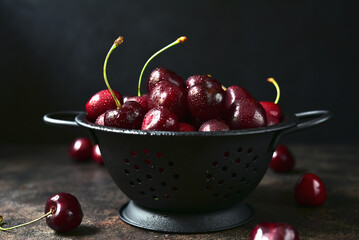 Fresh ripe organic cherry in a metal bucket.