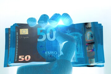 Close-up view of robot holding euro banknotes isolated on white