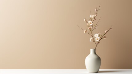 An empty vase with a flower, in the style of neutral color palettes, decorative, domestic interiors, 