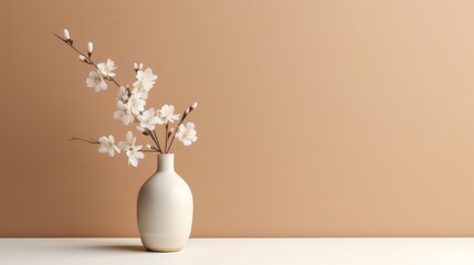 An empty vase with a flower, in the style of neutral color palettes, decorative, domestic interiors,