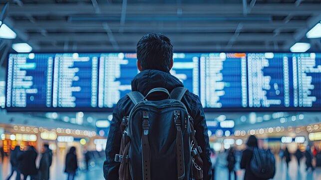 back view a man wearing backpack standing in an airport, checking information about his flight on airport timetable - travel concept