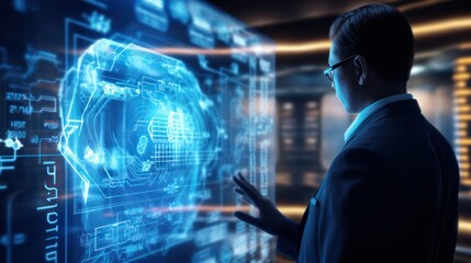 Artificial intelligence and Automated machine learning language blue digital user interface with businessman hand background. 