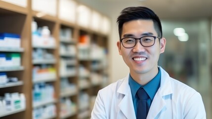 Asian male pharmacist, 25 years old, wearing a blue shirt, background is a pharmacy 