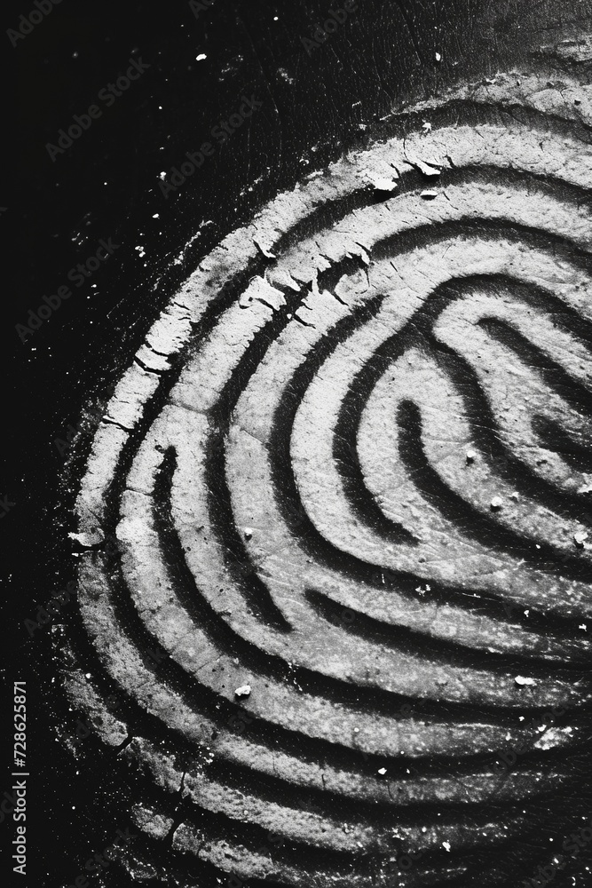 Poster a monochrome fingerprint pattern with swirls and concentric circles, creating an optical illusion ba