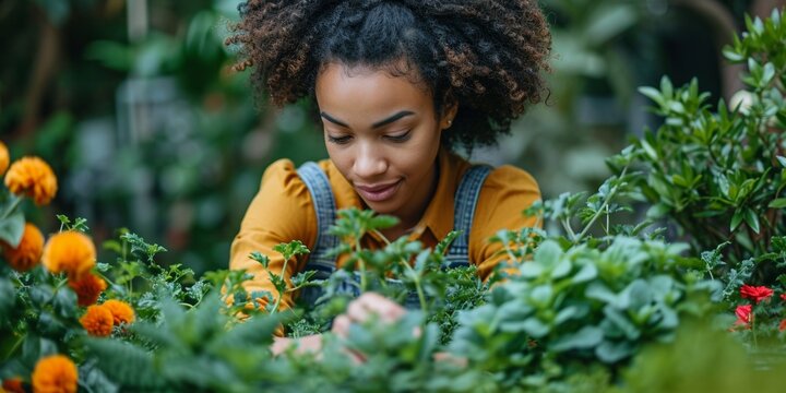 A Lovely, Cheerful Black Woman, Carefully Working In A Flower Bed, Embracing Nature And Beauty.