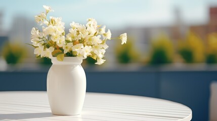 Close-up of a white small table on the balcony with only a small white ceramic vase with flowers on it, 