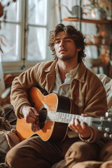 A handsome guitarist passionately plays romantic tunes on his acoustic guitar.