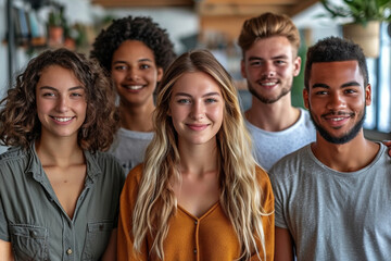 Fototapeta premium A cheerful, diverse team of successful students, capturing a group selfie.