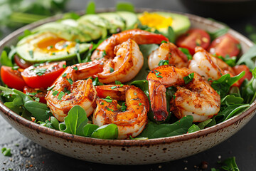 A healthy and delicious bowl of grilled shrimp salad with fresh vegetables, avocado, and greens.