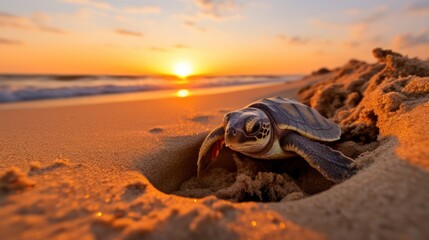 Create a captivating photograph of a baby sea turtle making its way from the nest to the ocean,