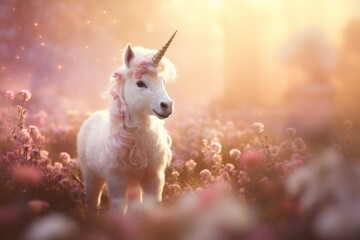 A playful unicorn pegasus foal in a meadow adorned with colorful blossoms