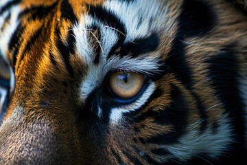 Macro Tiger open eye black orange fur. Dangerous cat animal tropical jungle forest hunter close up photo.