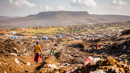 A woman walks by a garbage-filled landscape in an African township, highlighting environmental and social challenges.