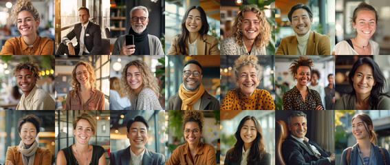 A collage of diverse professionals smiling in a modern office setting, embodying a casual yet professional work environment.