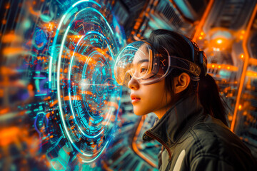 A futuristic woman interacts with a holographic display, surrounded by neon light in a cyberpunk-inspired virtual world.