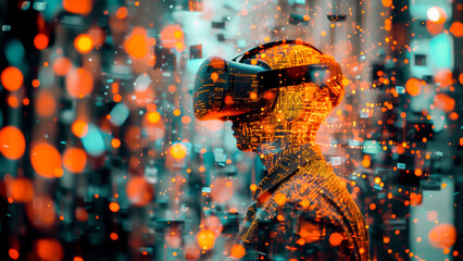 A stunning image depicting a person experiencing virtual reality with a futuristic digital ambiance.