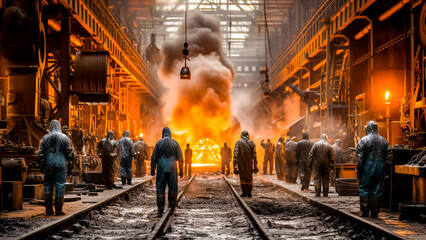 Industrial workers in a metalworking factory surrounded by the glow of molten metal and machinery.