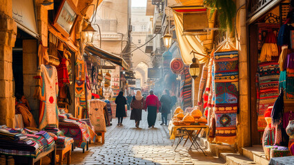 Bustling traditional market alley filled with vendors selling colorful textiles, crafts, and spices...