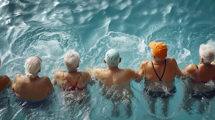 Fotobehang Im Schwimmbad treffen fröhliche Rentner aufeinander. Sie lachen, plaudern und genießen das Wasser. Beim Aqua-Fit-Kurs zeigen sie erstaunliche Beweglichkeit. © NHDesign