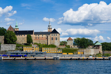 Fototapeta na wymiar Akershus Castle and Fortress seen from Oslofjord, Oslo, Norway