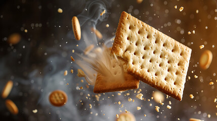 photo of a rectangular cracker breaking in half suspended in the air and with borojnas flying towards the camera