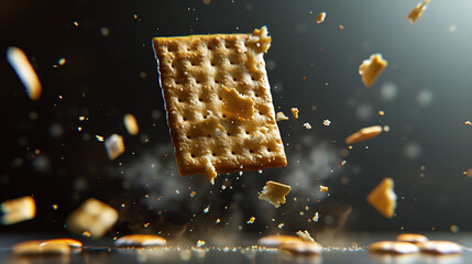 photo of a rectangular cracker breaking in half suspended in the air and with borojnas flying...