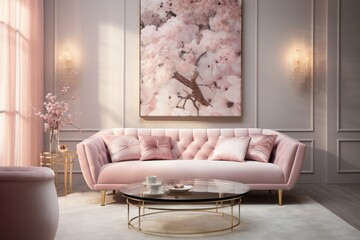 A chic lounge space featuring a blush pink velvet sofa, floral wall art, and a fluffy rug, evoking a stylish and feminine ambiance.