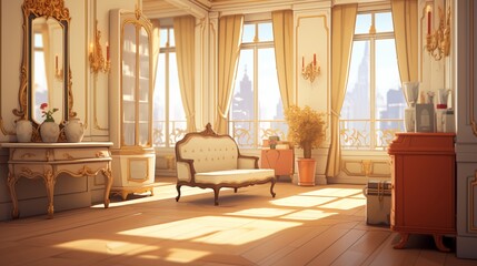 an ornate room with chairs and windows