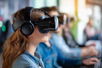 A young woman wearing a virtual reality headset, immersed in a digital experience with blurred figures in the background..