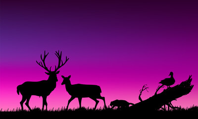 Nature landscape, mountain, hill, trees, on summer view silhouette deer animal vector ilustration  background.