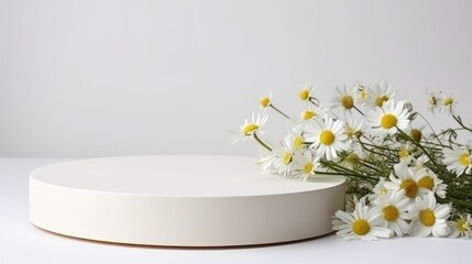 Empty cylindrical podium or plinth with chamomile flowers on a white background.