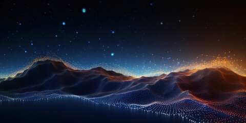 Data technology futuristic illustration with a wave of bright particles, presenting a technological 3D landscape and bigdata visualization, - obrazy, fototapety, plakaty
