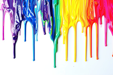 Obraz na płótnie Canvas Rainbow colored paint dripping on white background. Banner with colored oil streaks - pride colors