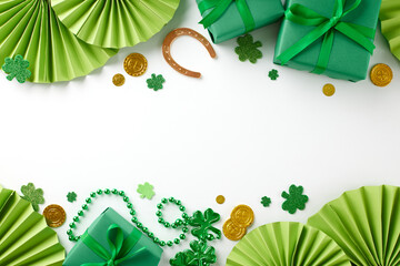 Charm-infused presents: Unique gift ideas for St. Paddy's Day. Top view shot of present boxes,...