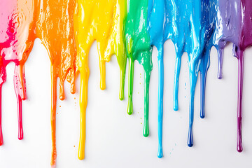 Rainbow colored paint dripping on white background. Banner with colored oil streaks - pride colors