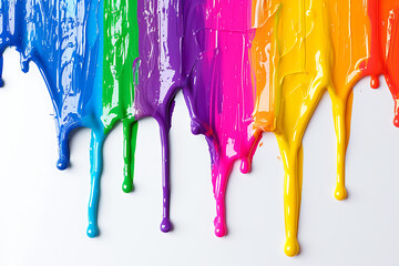 Obraz na płótnie Canvas Rainbow colored paint dripping on white background. Banner with colored oil streaks - pride colors
