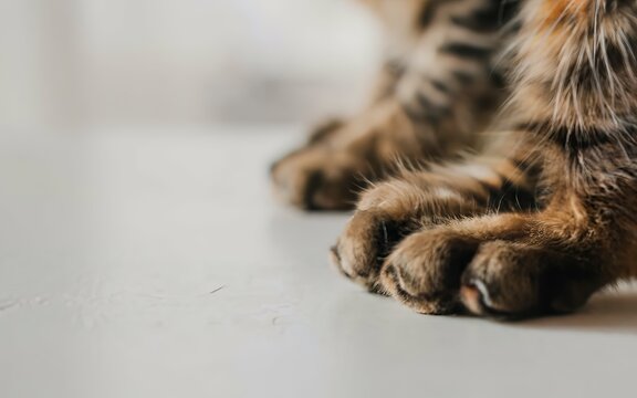 Cat paws in closeup on a white table