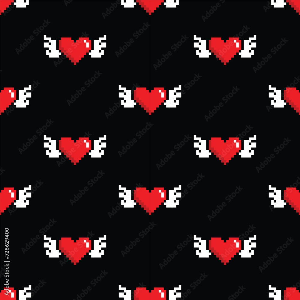 Poster pixel wings with heart seamless pattern vector love background pixel art for 8 bit game