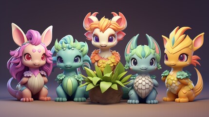 Naklejka premium dragon toy characters next to a plant