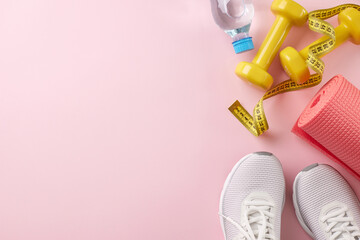 Vigorating workouts for a healthy you. Top view photo of trendy sneakers, yellow dumbbells, measure tape, yoga mat, water bottle on pastel pink background with advert panel