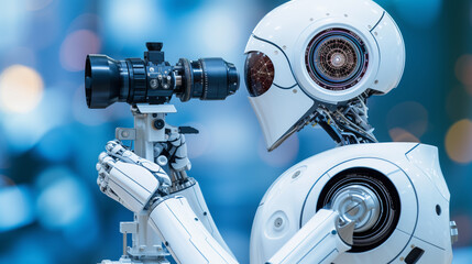 Sophisticated white robot with intricate detailing, holding a professional camera against a backdrop of soft bokeh lights that add an artistic touch.