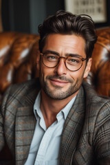 Obraz premium Stylish man in a well-tailored checkered blazer and crisp white shirt sits elegantly against a luxurious leather couch.