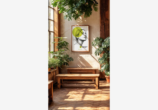 Minimalist Interior with Wooden Bench, Picture Frame, and Plants | Poster Frame Mockup for Stock Photos Poster Frame Mockup Interior
